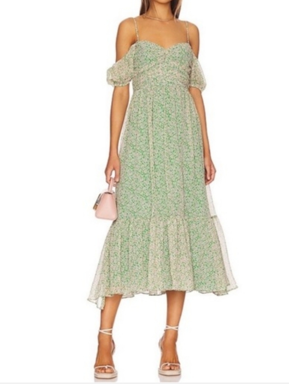 BARDOT Green/Pink Fairy Fauna Cold Shoulder Midi Dress - Women's Small (US 4)